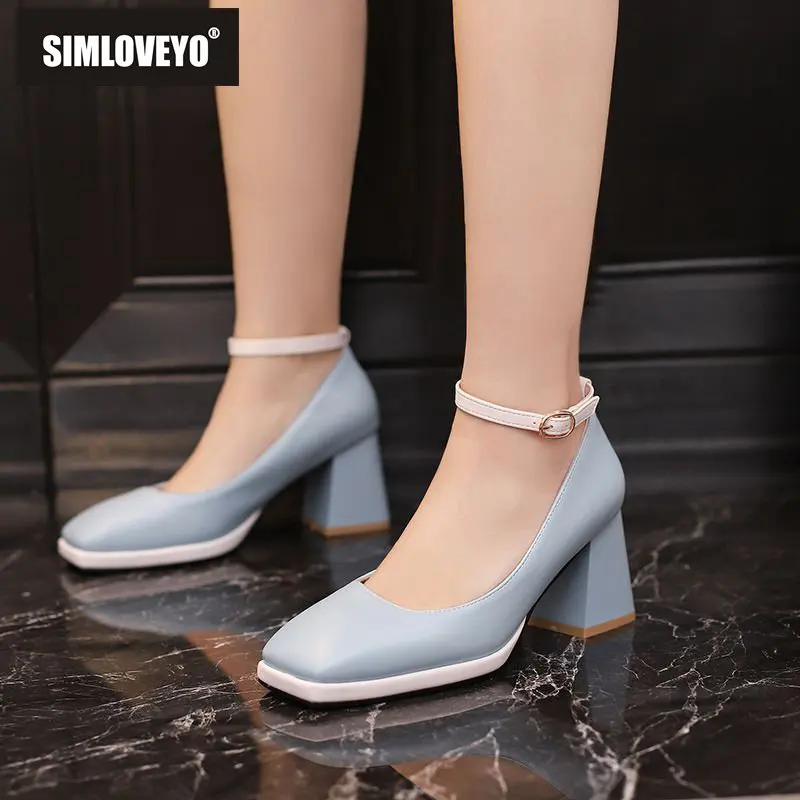 

SIMLOVEYO Women Pumps Square Toe Block Heel 7cm Platform 1.5cm Buckle Strap Concise Soft Dating Female Shoes Large Size 46 47 48