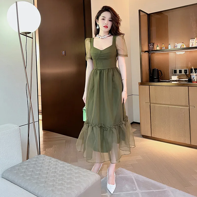 Letnia Nowa Damska Sukienka z Organzy w Stylu Mori, z Delikatnym Temperamentem, z Marszczeniem w Talii i Efektem Puszystości, Sukienka Lisianthus