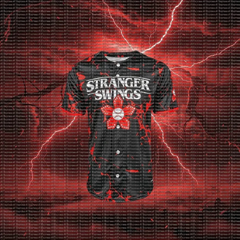 Horror Style Red Black Cracked Printed Baseball Jersey, Monster Flower Patterned Baseball Jersey