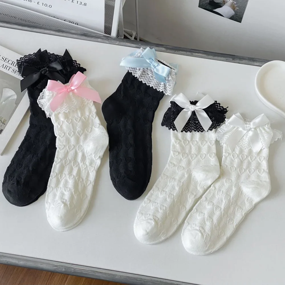 

Autumn Winter Long Socks Women Fashion Lace Edge Kawai Bow Socks Middle Tube Japanese Style Elegant Girl Casual Sokken Femme