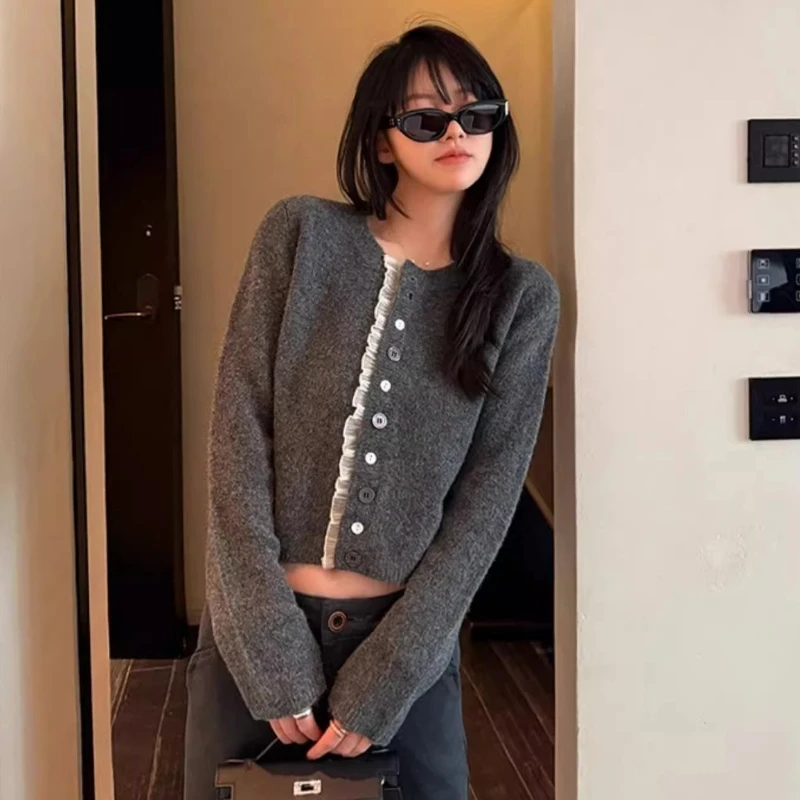 

Sweet Korean O Neck Solid Color Lace Soft Women's Sweater Cardigan Spring Autumn New Fashion Versatile Long Sleeved Lady Coat