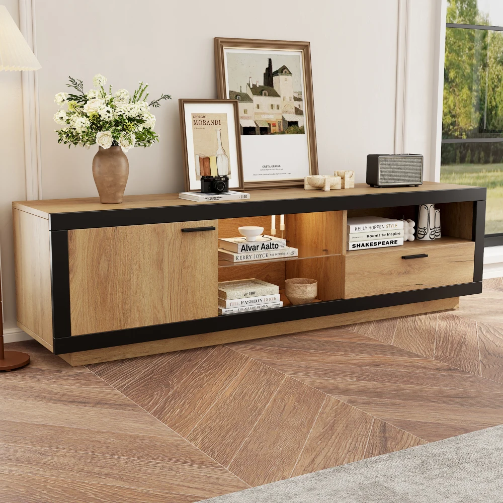 Mueble para televisor de color negro y madera de roble, diseño moderno, con estantes de cristal, consola para televisor con espacio de almacenamiento, mueble para juegos y dispositivos multimedia, ideal para televisores de 70, 65 y 55 pulgadas, para la sala de estar, el dormitorio o cualquier otro espacio del hogar.