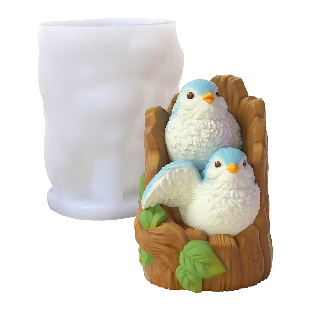 S0227 креативные 3D птицы на пеньке, формы для свечей, сделай сам, эпоксидная смола, гипсовые статуи животных, орнамент, Molde Silicona Yeso для декора