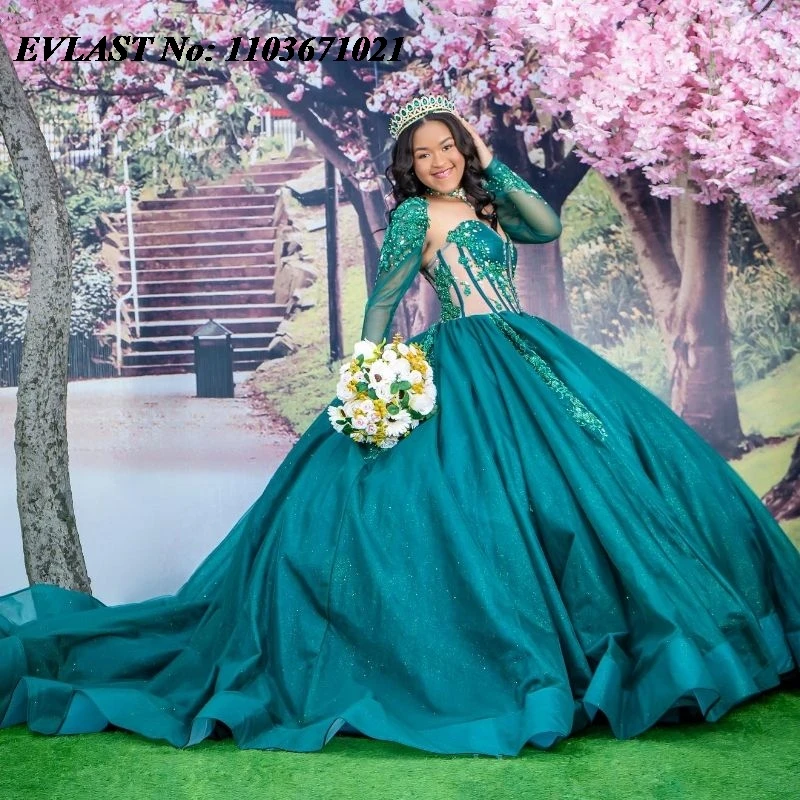 

EVLAST Emerald Green Ball Gown Quinceanera Dress Lace Applique Crystals Beaded Long Sleeve Sweet 16 Vestidos De 15 Anos SQ194