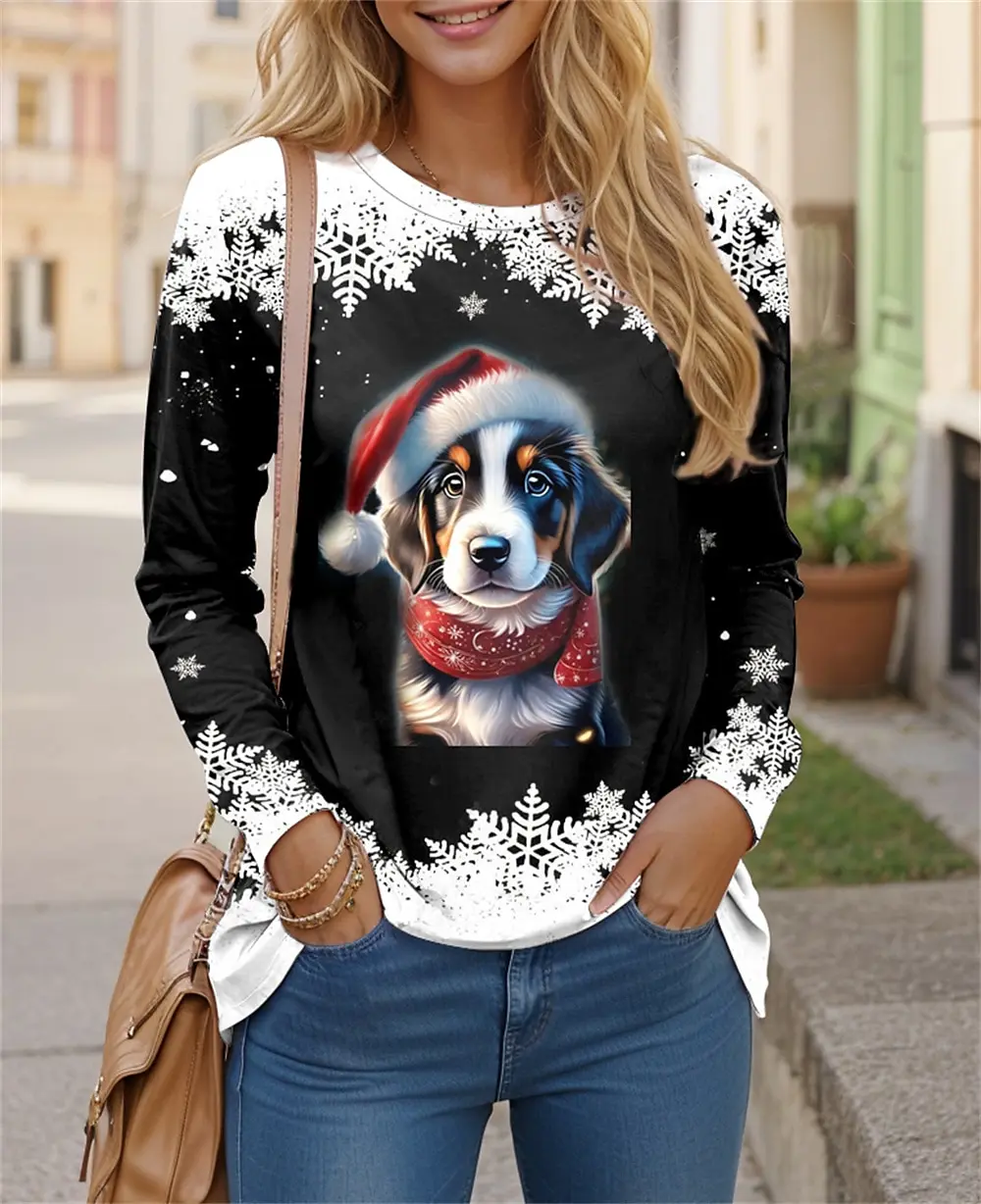 Ugly Christmas Shirt Women\'s T-shirt Black and White Cat 3D Printed Long Sleeve Weekend Festival Funny Round Neck Top