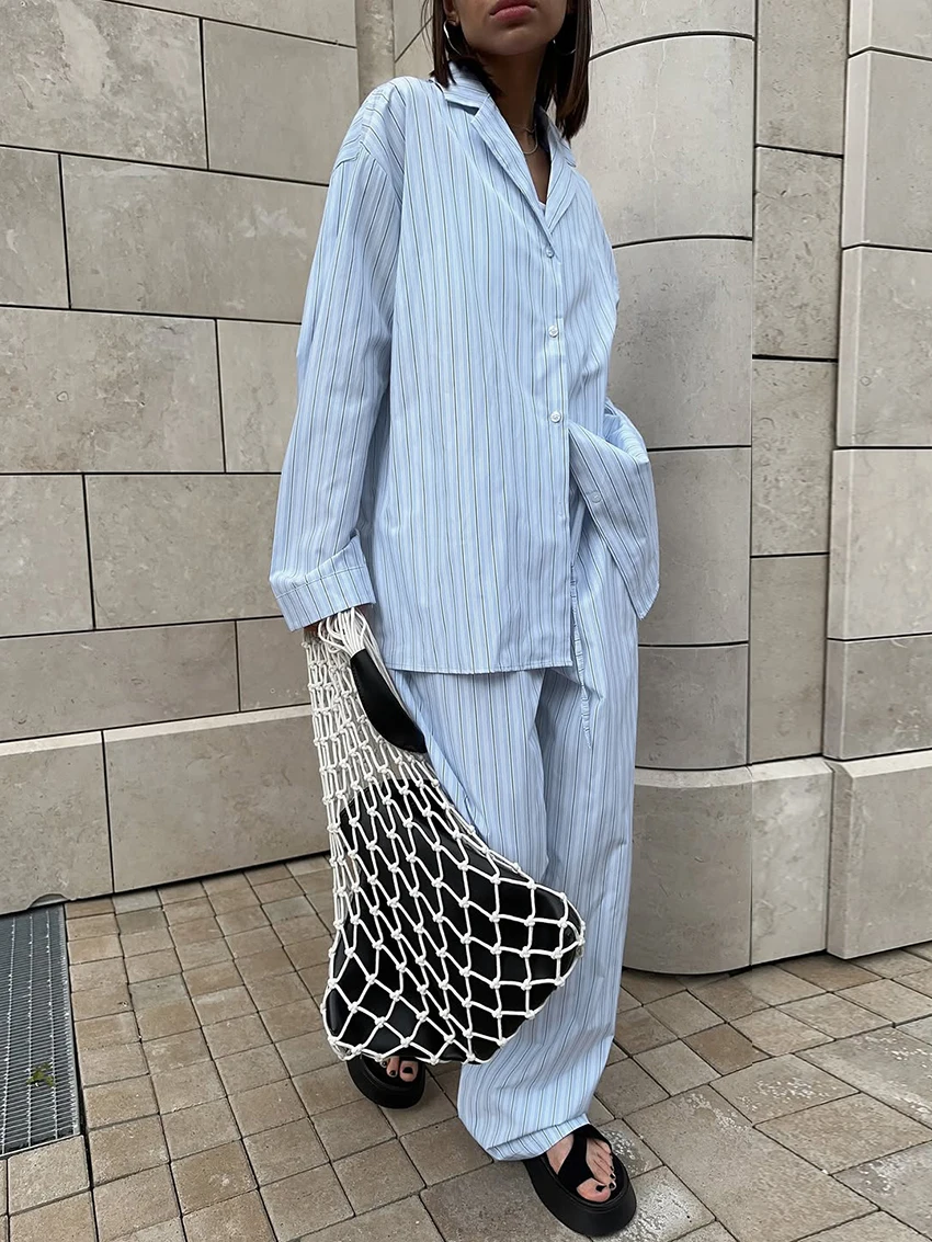 Marthaqiqi Striped Ladies Sleepwear Suit Sexy Turn-Down Collar Pajamas Long Sleeve Nightgowns Pants Casual Female Nightwear Set