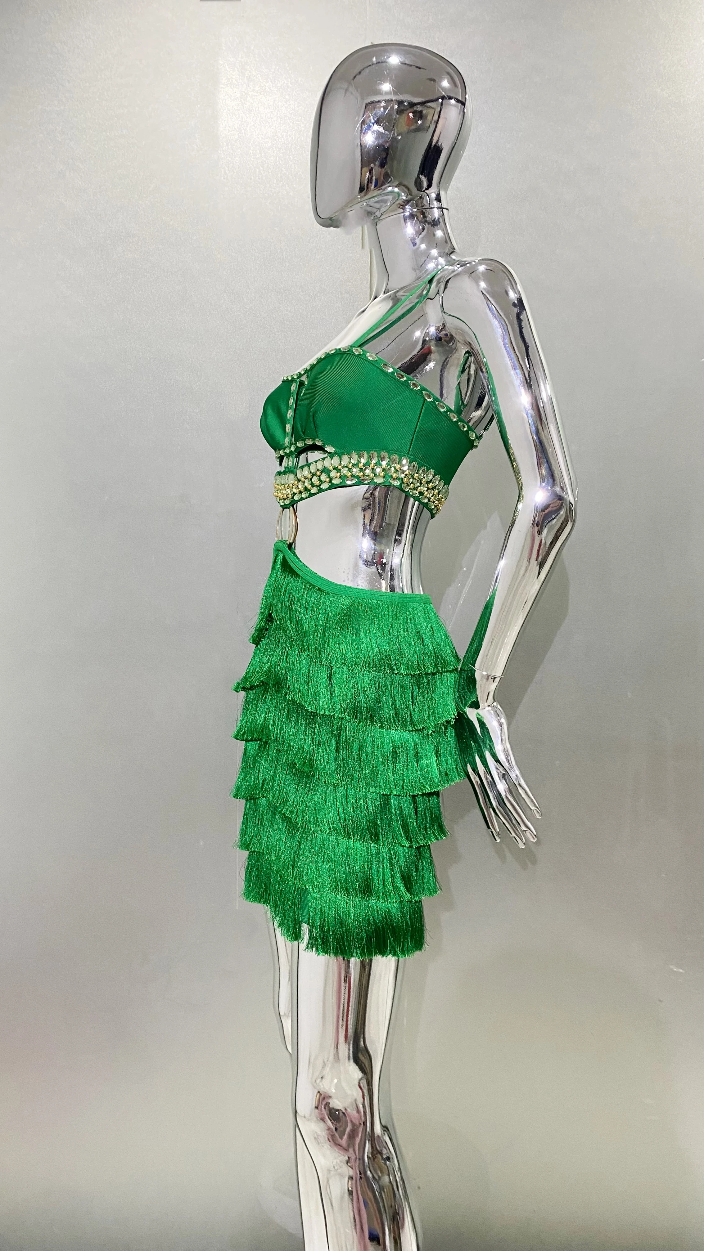 2024NEW Summer Green Split Mini Dress Sexy Fashion Women Pleated Fringe A-line Dress Before The Party