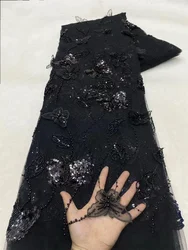 3D Black Lace Fabric New Arrival 2024 African Lace Fabric 2024 High Quality 5Yards Nigerian Beads Sequin Lace For Wedding A252-1