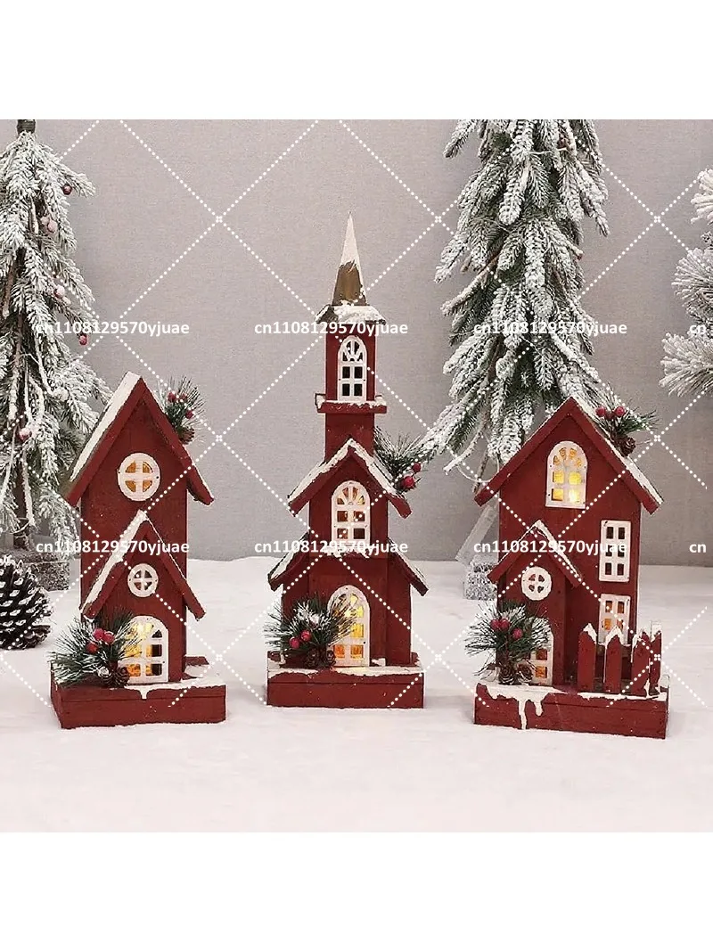 Christmas Wooden Fir Cabin Snow House Red Glowing Decoration Scene Ornament