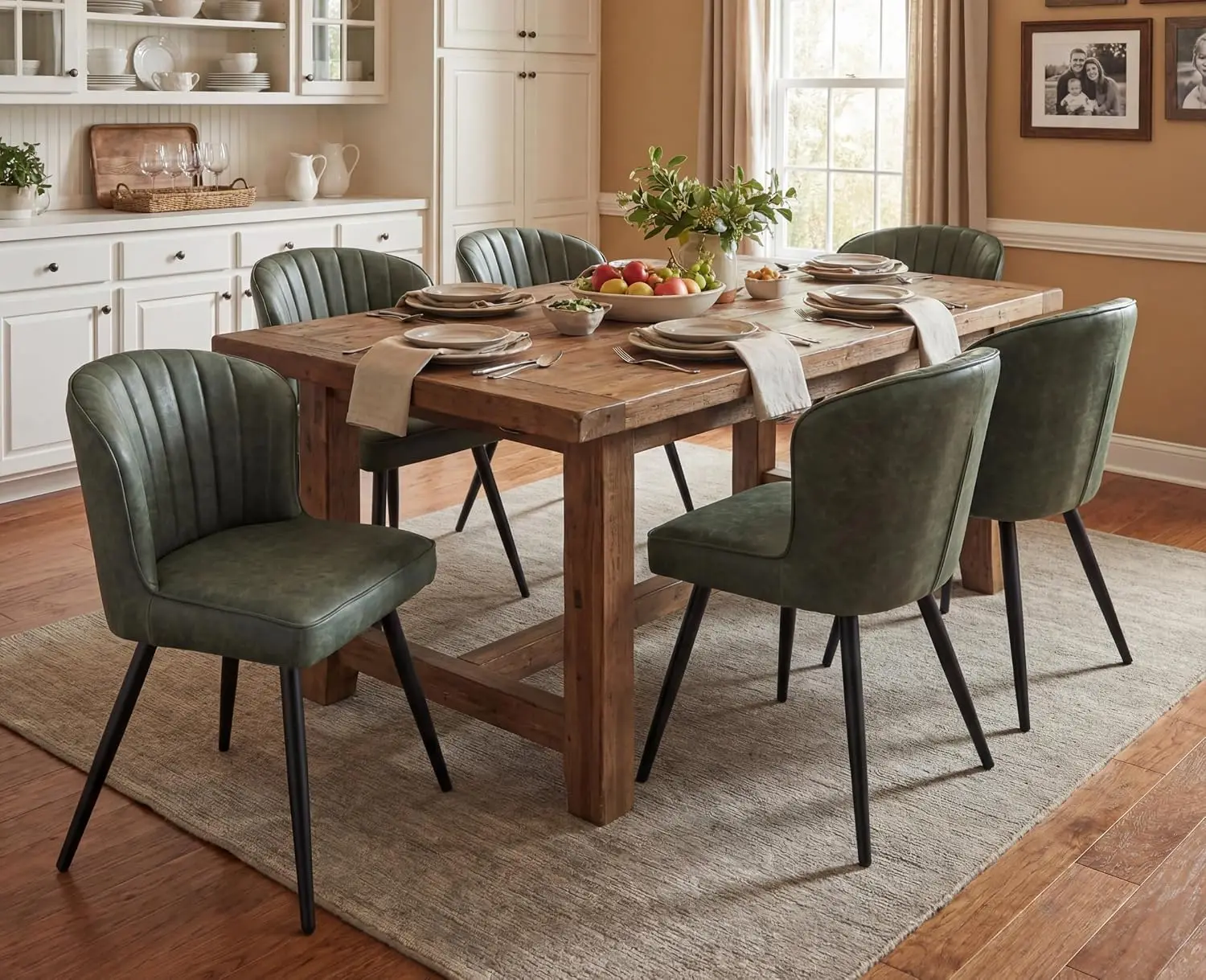Modern Dining Chairs Set of 6, Upholstered Green Faux Leather Seater with Curved Shell Backs and Metal Legs, Armless Side Chair,