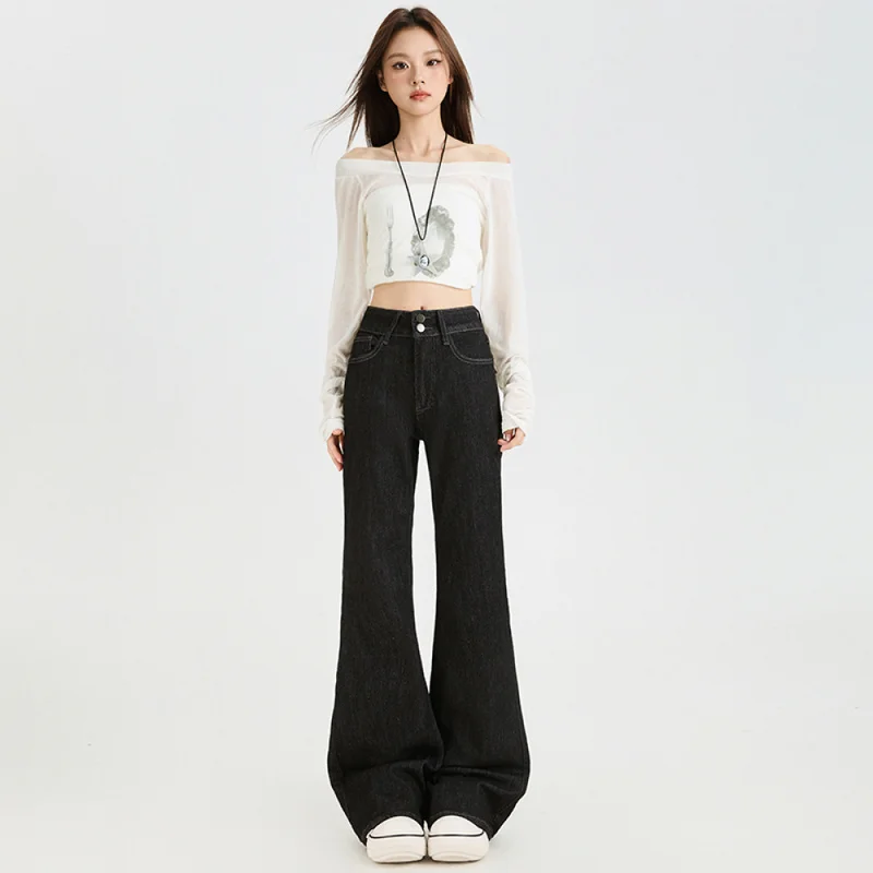QICHE 2026 Spring Women Black Gold Bootcut Denim Pants, Stretch Double Button Back Pocket Slim Jean Trousers