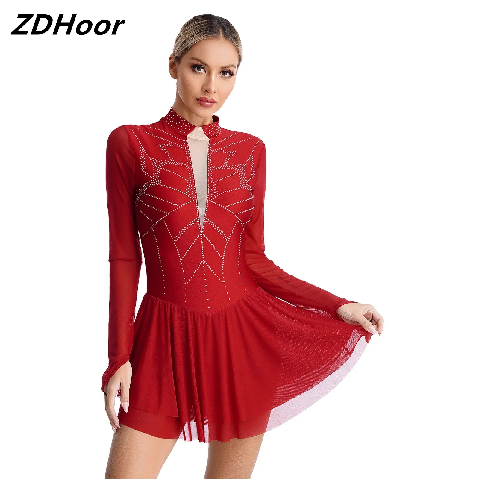 

Womens Figure Skating Dress Dance Performance Competition Costume Shiny Rhinestones Mock Neck Sheer Mesh Long Sleeve Dress