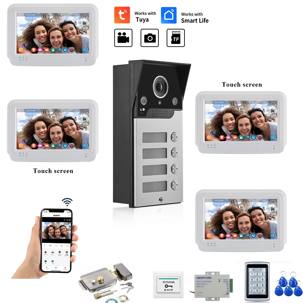 

1080P Wifi 7 Inch Video Intercom System for Home Tuya Smart Video Doorbell Metal With 2~4 TouchScreen Monitor