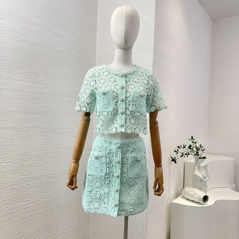 High Quality Women Two Piece Set 2024 Summer Mint Green Lace Suit Patchwork Floral Hollow Out Women Tops and Mini Skirt Set