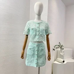 High Quality Women Two Piece Set 2024 Summer Mint Green Lace Suit Patchwork Floral Hollow Out Women Tops and Mini Skirt Set