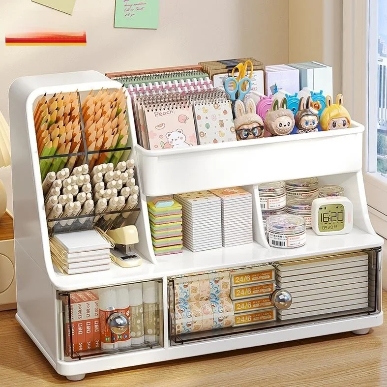 

Настольный органайзер-ящик с выдвижными секциями, большой емкости, подставка для ручек, многофункциональный офисный контейнер для хранения, пластиковый, квадратной формы, 2 уровня