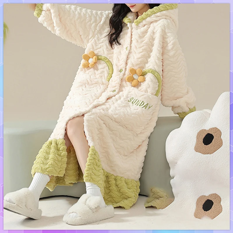 

Cute Winter Warm Shower Robe Women's Pajamas Coral Fleece Sleepwear Female Long Kimono Night Dress Dressing Gowns Nightgowns