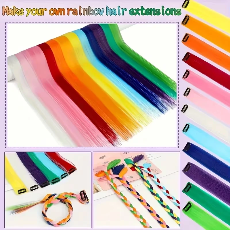 22 Zoll Synthetische 6-teilige Lange Glatte Haarverlängerung, Farbige Regenbogen-Hochtemperaturfaser-Haarteil für Frauen, Täglicher und Party-Gebrauch – Detail 1