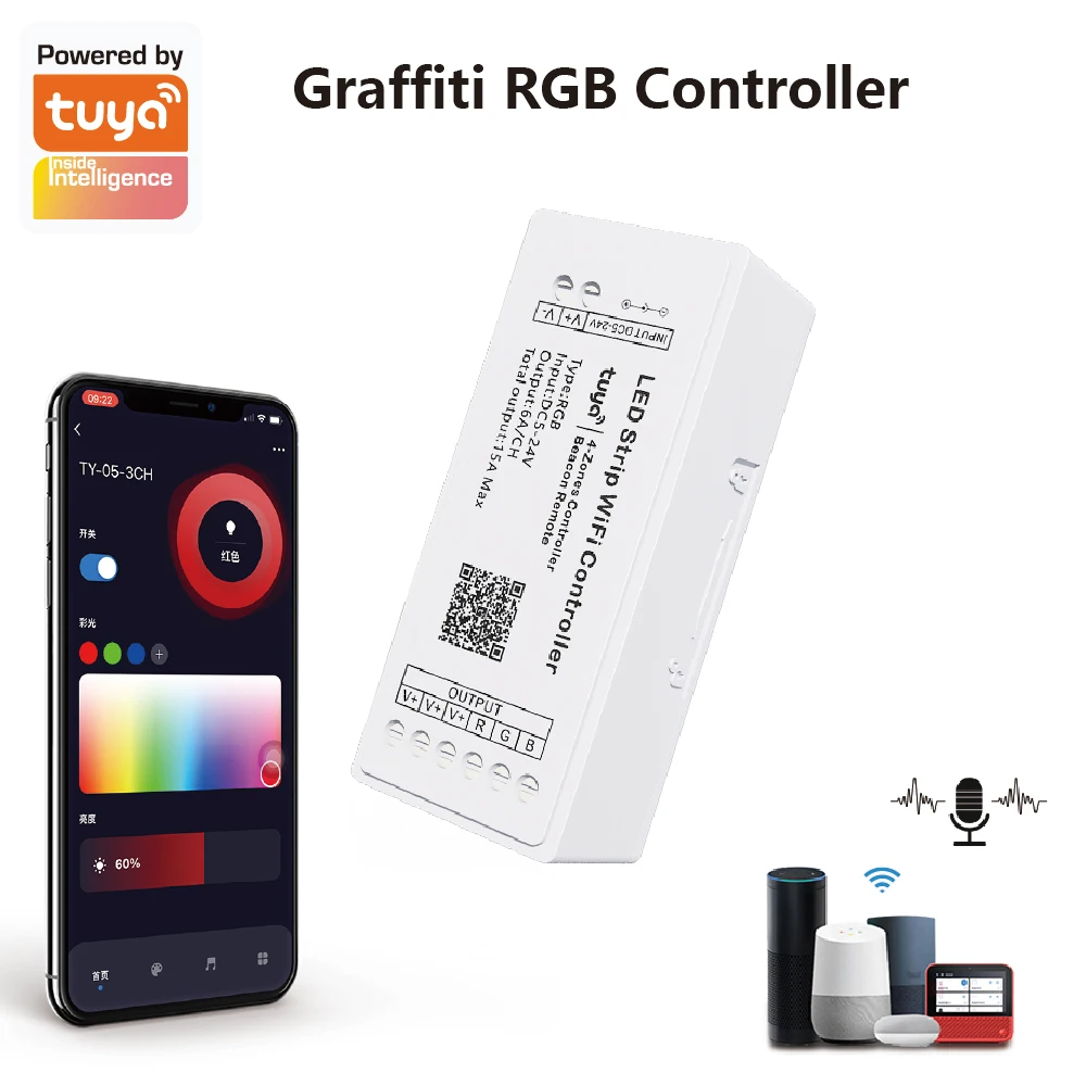 Tuya Rgbcct Led Wifi Smart Life Strip Controller Beacon Remote 2.4g Rgbcw DC5v12v24v 6A Alexa Goole Voice Led Strip Controller