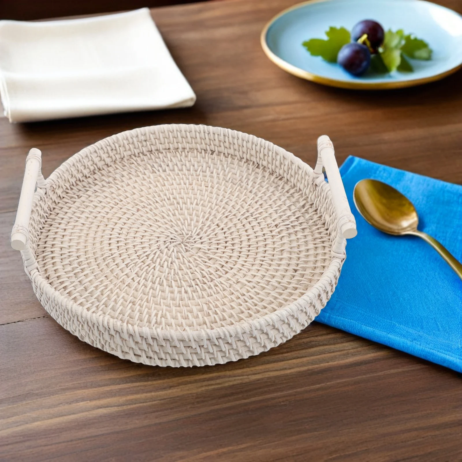 

Rattan Storage Tray Handwoven Round Bread Baskets for Serving Porch Fruit with Handles Bowl