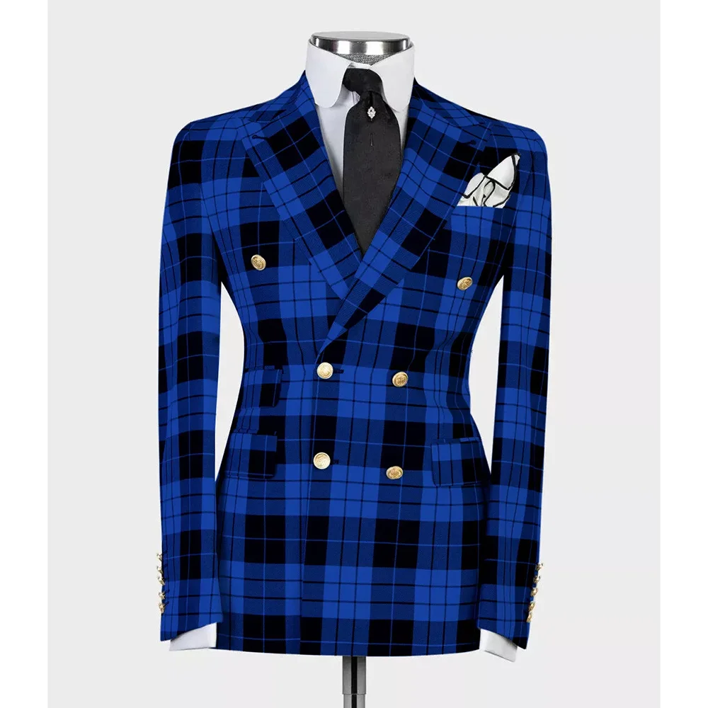 Blue Black Plaid Men Suit Double Breasted Peak Lapel 2 Pieces(Jacket+Pants) Male Formal Wedding Party Set