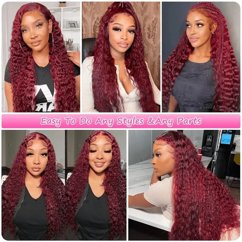 99J Burgundy Deep Wave HD Lace Front Wigs Pre Plucked 13x4 Curly Lace Front Wigs Human Hair 99j Red Wine 13x6 Deep Curly Wigs - Image 6