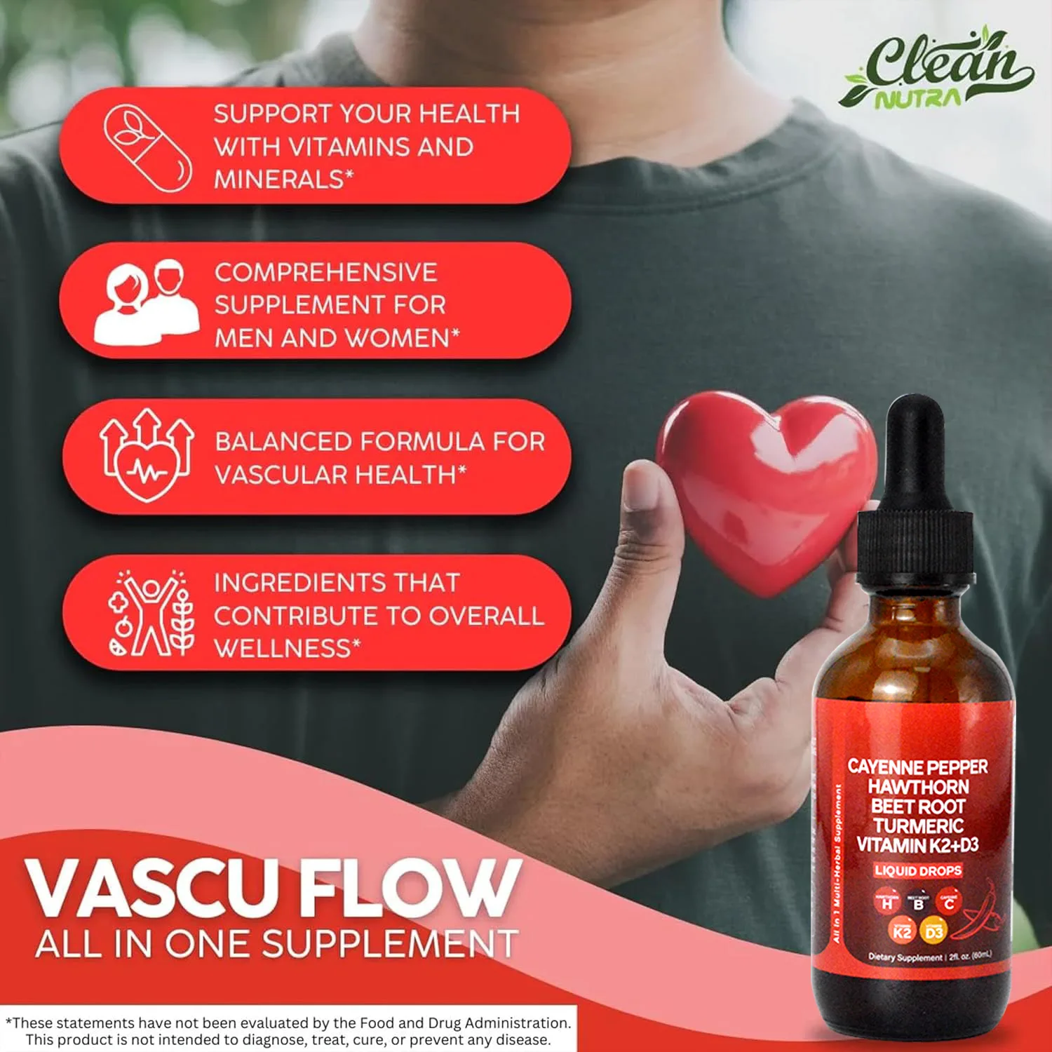 

60ML Liquid Cayenne Pepper Drops Organic Hawthorn Beet Root Turmeric Curcumin with Vitamin K2 & D3 - Natural Health Supplement