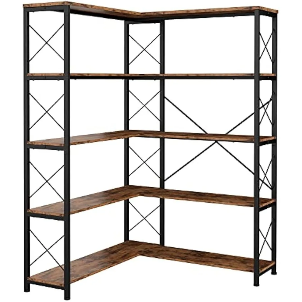 

5-Shelf Corner Bookcase, Vintage Industrial Corner Bookshelf Etagere Bookcase, 5 Tiers Corner Shelf Storage Rack with Metal Fra