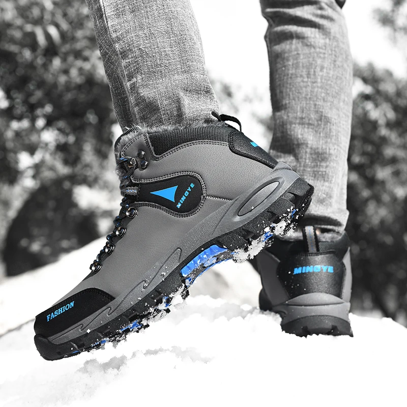 Men Fashion Winter Warm Hiking Sneakers Full Fleece Lined Shock Absorbing Sole Outdoor Mountain Walking Boots