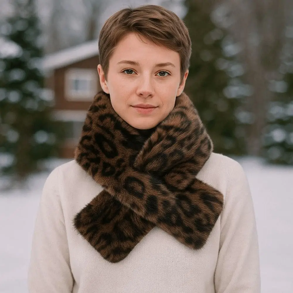 Leopard Print Thicken Warm Scarf Cute Soft Windproof Faux Rabbit Fur Collar Faux Fur Winter Accessory