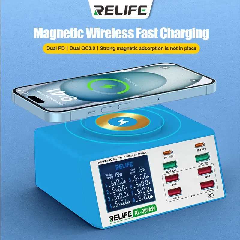 

RELIFE RL-309AW Wireless Digital Display 8-port Charger Dual PD/QC3.0 Suitable for Mobile Phones/tablets/laptops Fast Charging