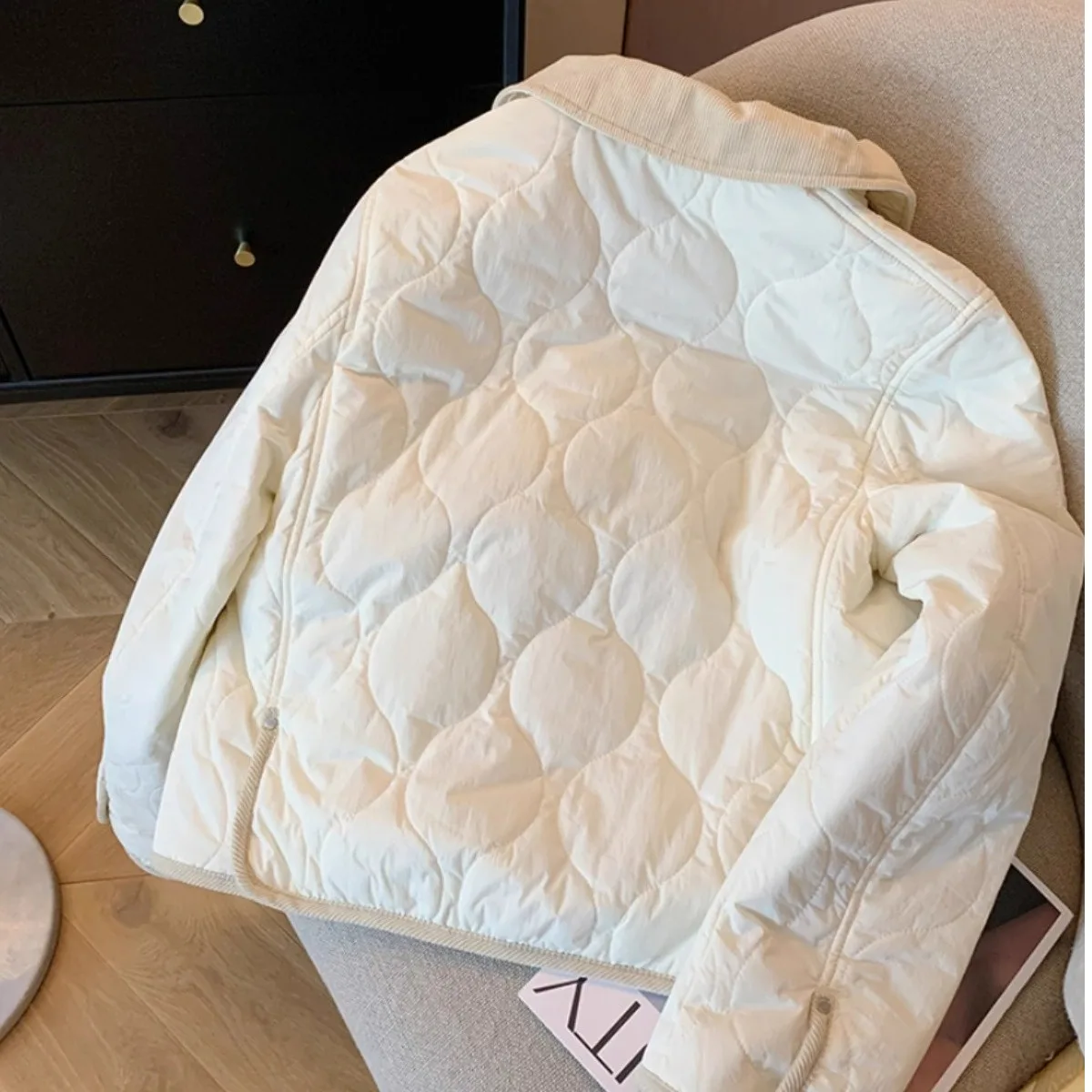 Fashionable Lightweight Cotton Jacket Women's Spring Autumn Winter Bear Collar Diamond Patterned Coat Commute Style Long Sleeve