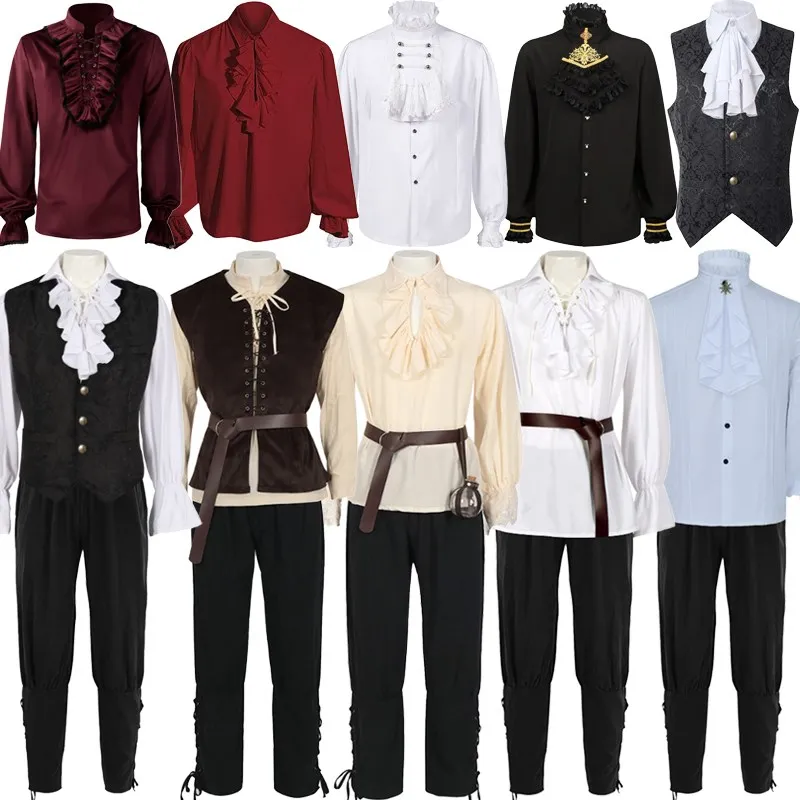 

Men's Halloween Vintage Medieval Ruffle Shirt And Vest Outfit Performance Costume Trousers Set Ethnic Fashion Autumn 2024