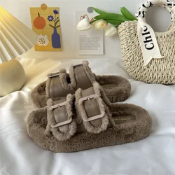 Med Shoes Womens Slippers Outdoor Slides Pantofle Flock Platform Fur Flip Flops 2024 Flat Plush Autumn Fabric Rome Shoes House S