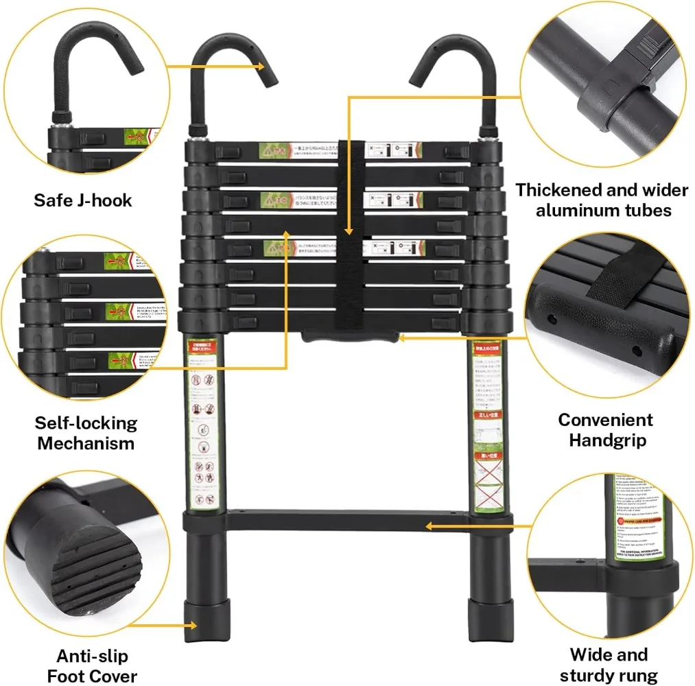 RIKADE-Échelle télescopique en aluminium de 8,5 pieds, avec pieds coordonnants et crochet stable, échelle d'extension portable pour