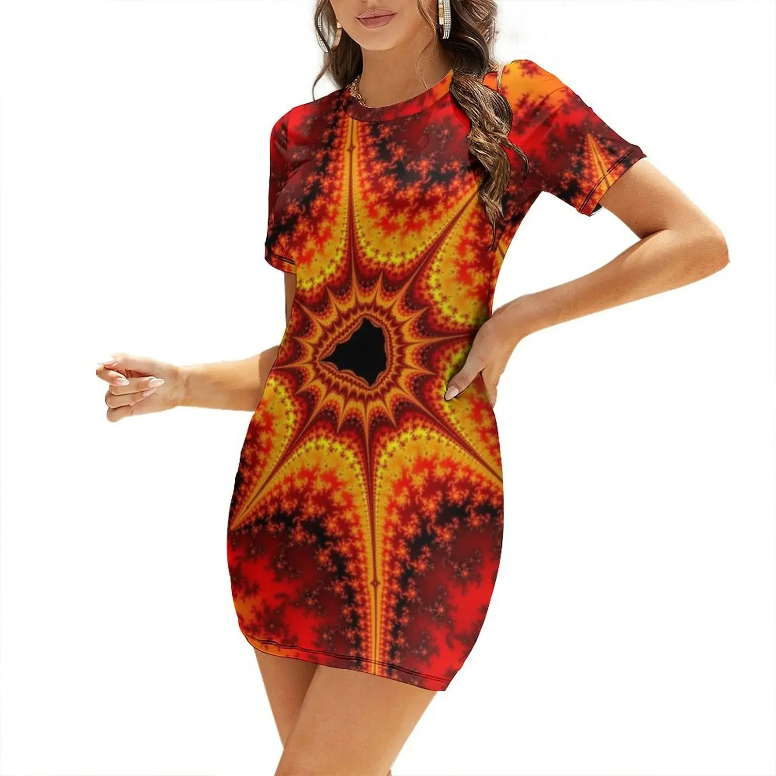

Mandelbrot Fire Burst Fractal Art Print Short-Sleeved Dress summer dress sexy dress summer