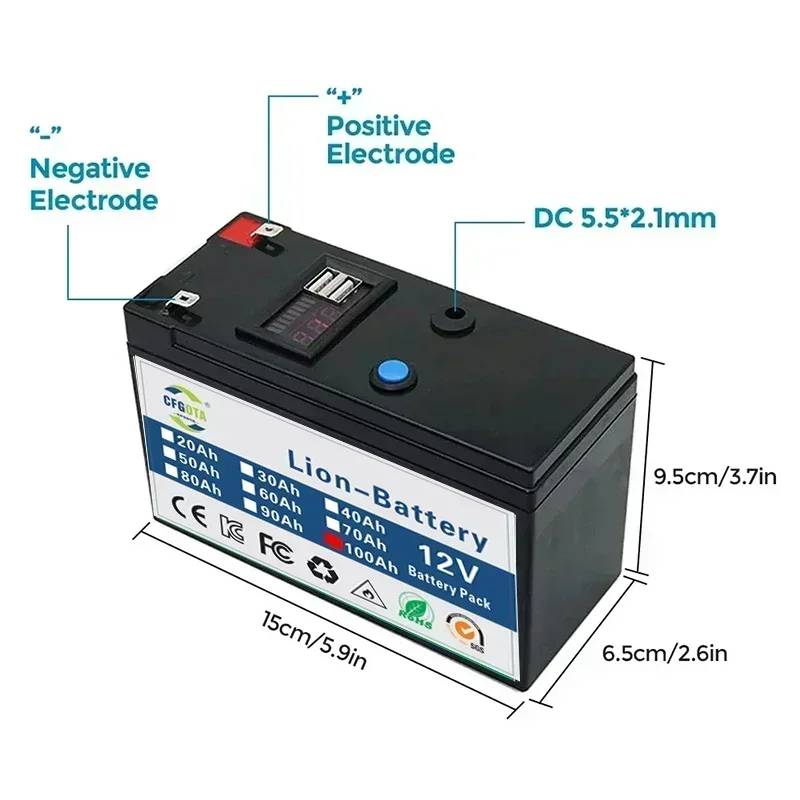 New 12V 100Ah  lithium Battery Pack Lithium Iron Phosphate Batteries Built-in BMS For Solar Boat+12.6V Charger