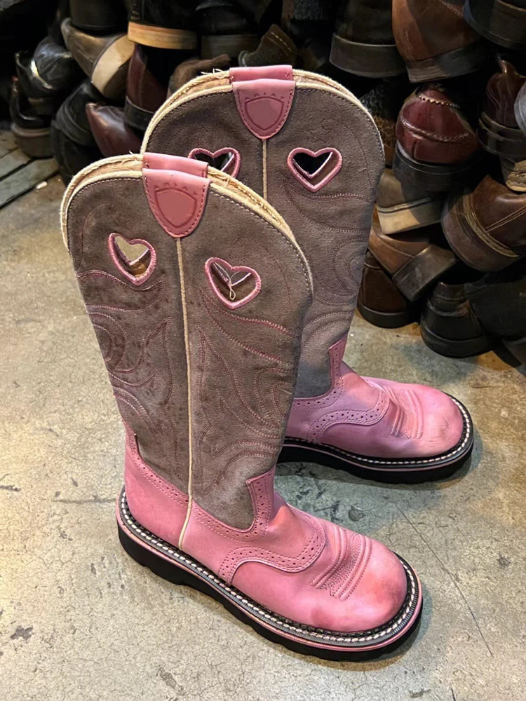 

Sweet Pink Heart Embroidery patchwork Knee Boots Cow Suede Mixed Color Round Toe Thick Sole Knight Boots Shoes Cowboy Botas