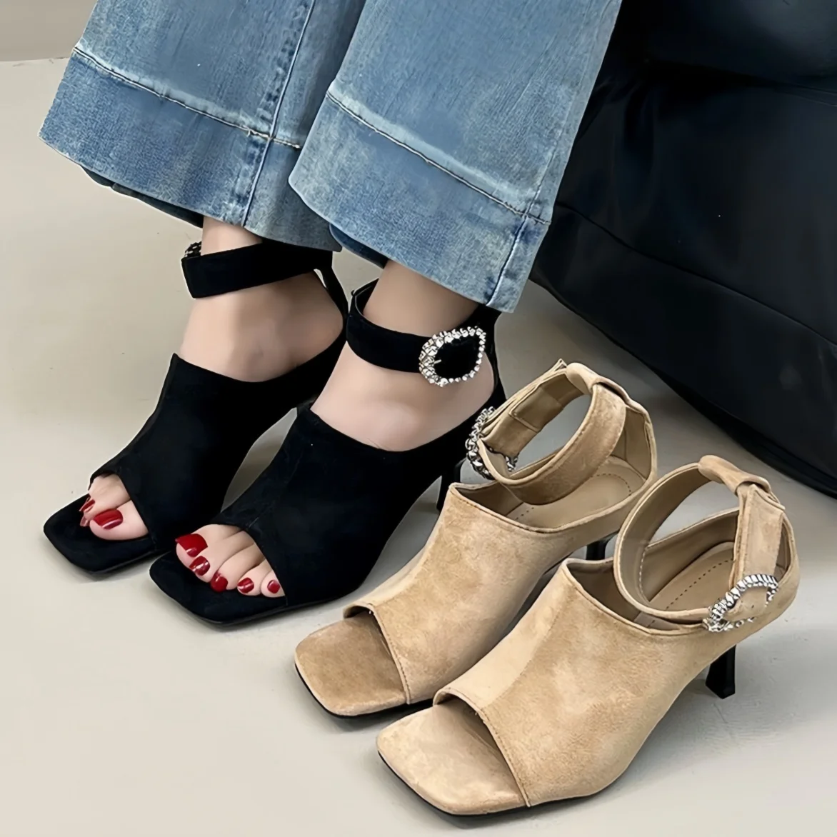 

High Heels Women's Sandals Square Toe Designer Heels Shoes for Woman Buckle Open Toe Elegant Pumps Party Fashion Mujer Sandalias