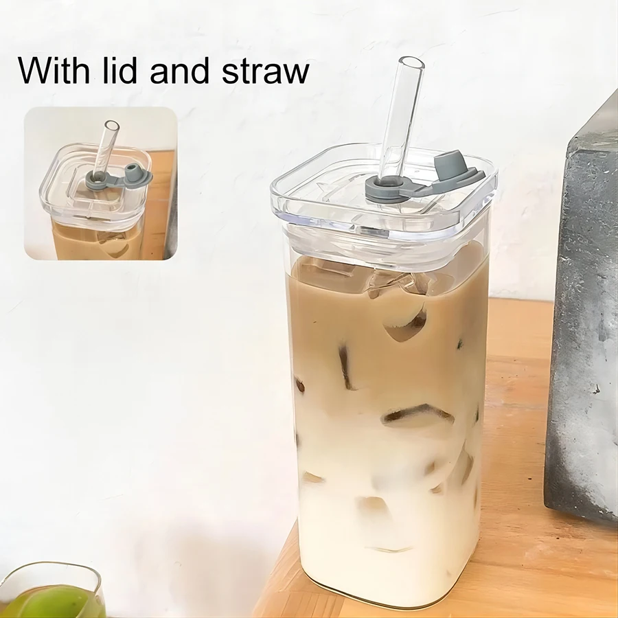 1/2/4PCS Square Heat Resistant Coffee Glass Cup With Lid and Straw Transparent Milk Tea Juice Cups Coffee Mug Drinkware