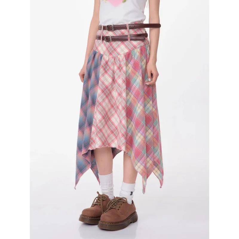 American Retro Half-body Skirt Women Summer Splicing Plaid High Waist Mid-length Skirt Irregular Teenage Girls Y2K Casual Skirts