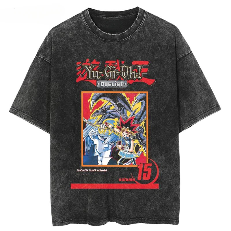 Retro Summer Japanese Anime Washed-out and Distressed Vintage Short-sleeved T-shirt Cotton Yu-Gi-Oh! Duel Monsters GameKing