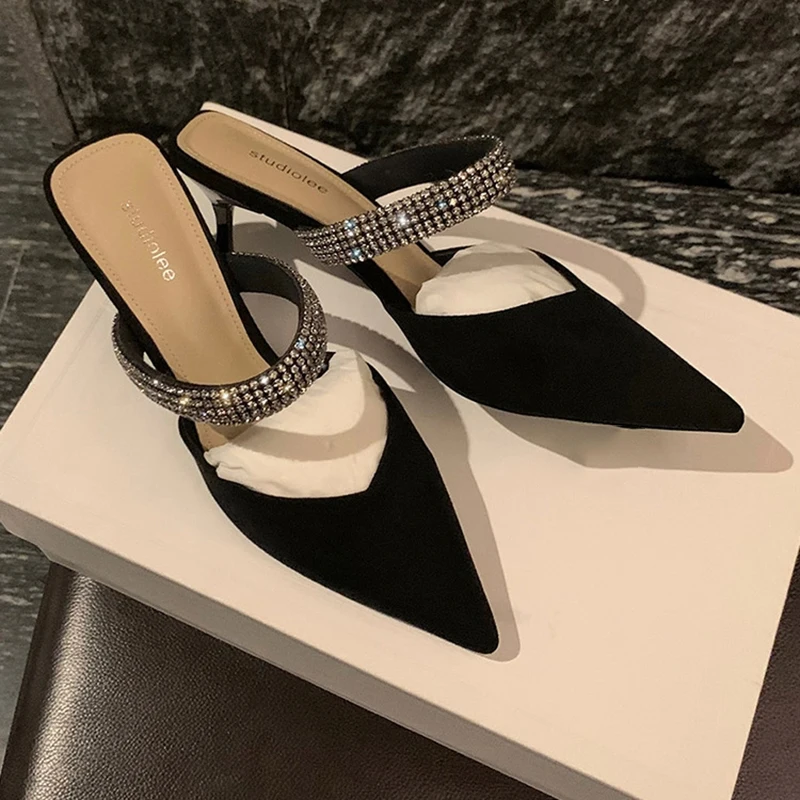 Sandały Crystal Strap Mule Shoes for Women 2024 Black White Pointed Toe Party Wedding Shoes Woman Luxury Stiletto Heels Shoes