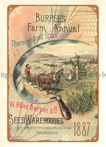 wall décor 1887 Farmer tilling the field from Burpees farm annual metal tin sign