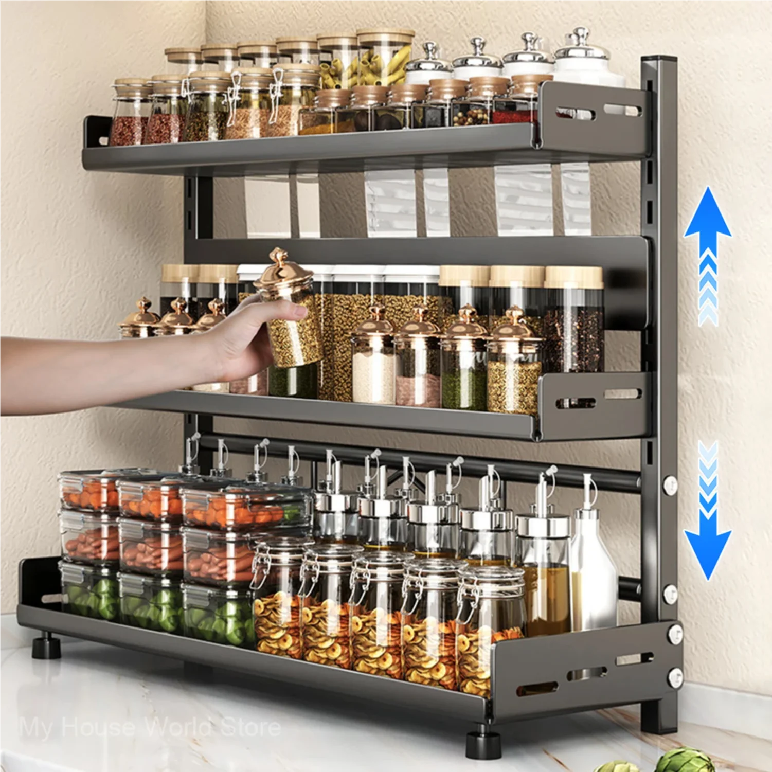 

3 Tier Spice Storage Rack for Countertop Adjustable Spice Organization for Cabinet Kitchen Organizer Metal Shelf Black