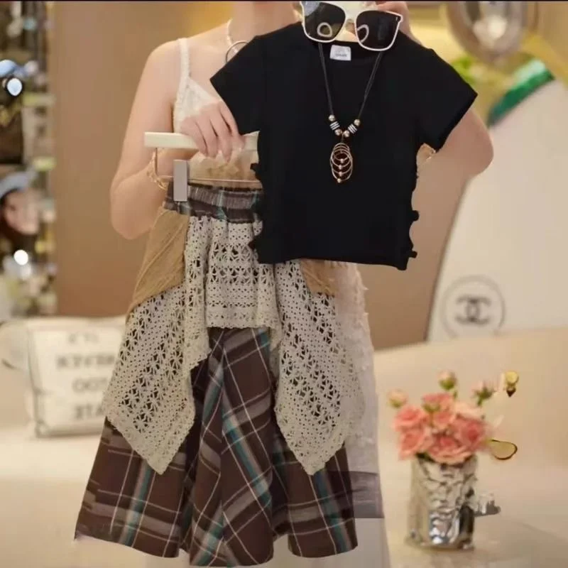 Children's Clothing Sets Black Short-sleeved Top + Checkered Asymmetrical Fringe Patchwork Skirt 2pcs Sets Toddler Girl Clothes