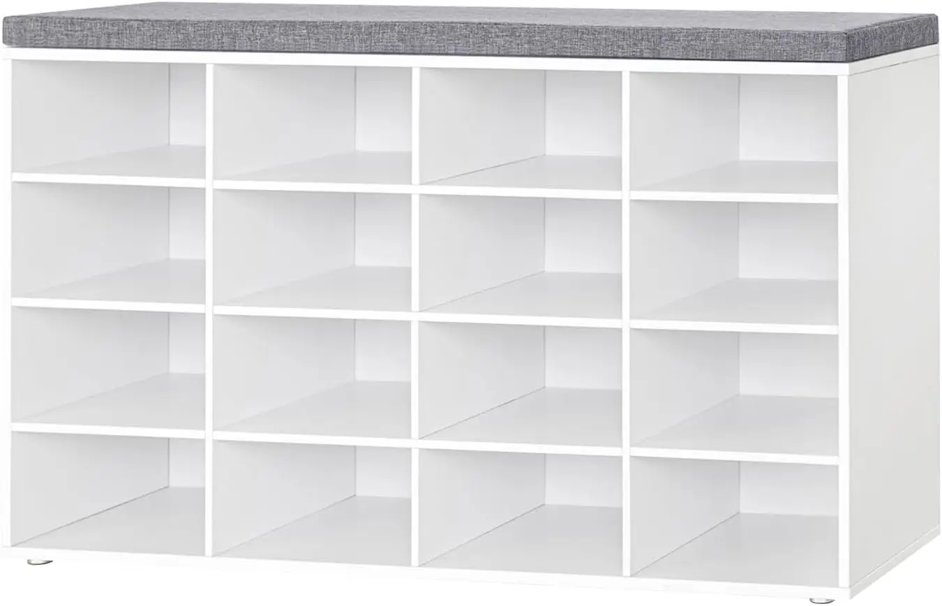 

Shoe Storage Bench with Cushion, 16-Cubby Shoe Rack, Adjustable Shelves, Multifunctional Shoe Organizer Bench for Entryway