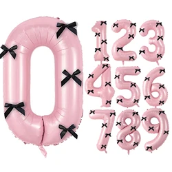 32 inch aluminum foil balloon, pink number 0-9 birthday party decoration, with 5 black bows, suitable for celebrating birthdays