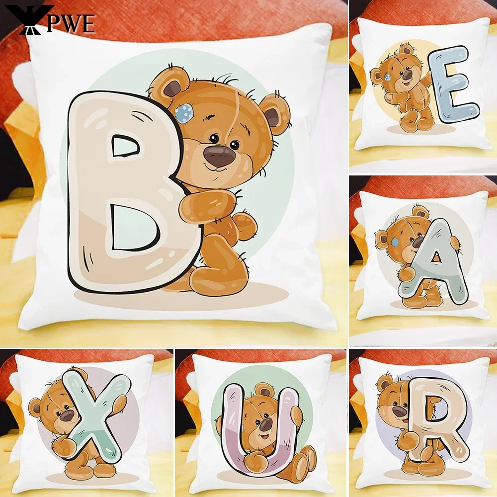 45x45cm 26 English Alphabet A-Z Print Cushion Cover Home Cartoon Bear Sofa Children Room Decor Cute Animal Pillowcase