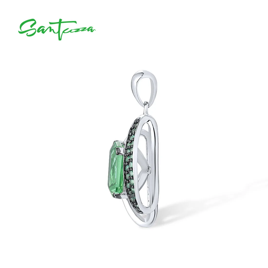 SANTUZZA 925 Sterling Silver Solitaire Pendant For Women Sparkling Green Glass/ Spinel White CZ Trendy Fine Gorgeous Jewelry